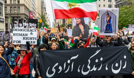 Protesters gather in Manhattan to oppose the Iranian regime on Oct. 1 in New York City.