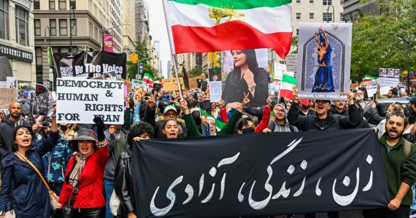 Protesters gather in Manhattan to oppose the Iranian regime on Oct. 1 in New York City.