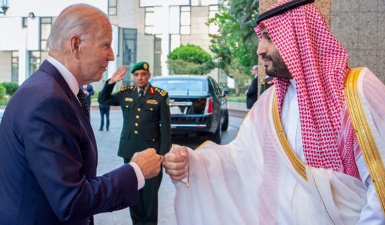 Saudi Crown Prince Mohammed bin Salman greeting President Joe Biden with a fist bump