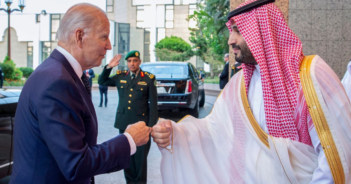 Saudi Crown Prince Mohammed bin Salman greeting President Joe Biden with a fist bump