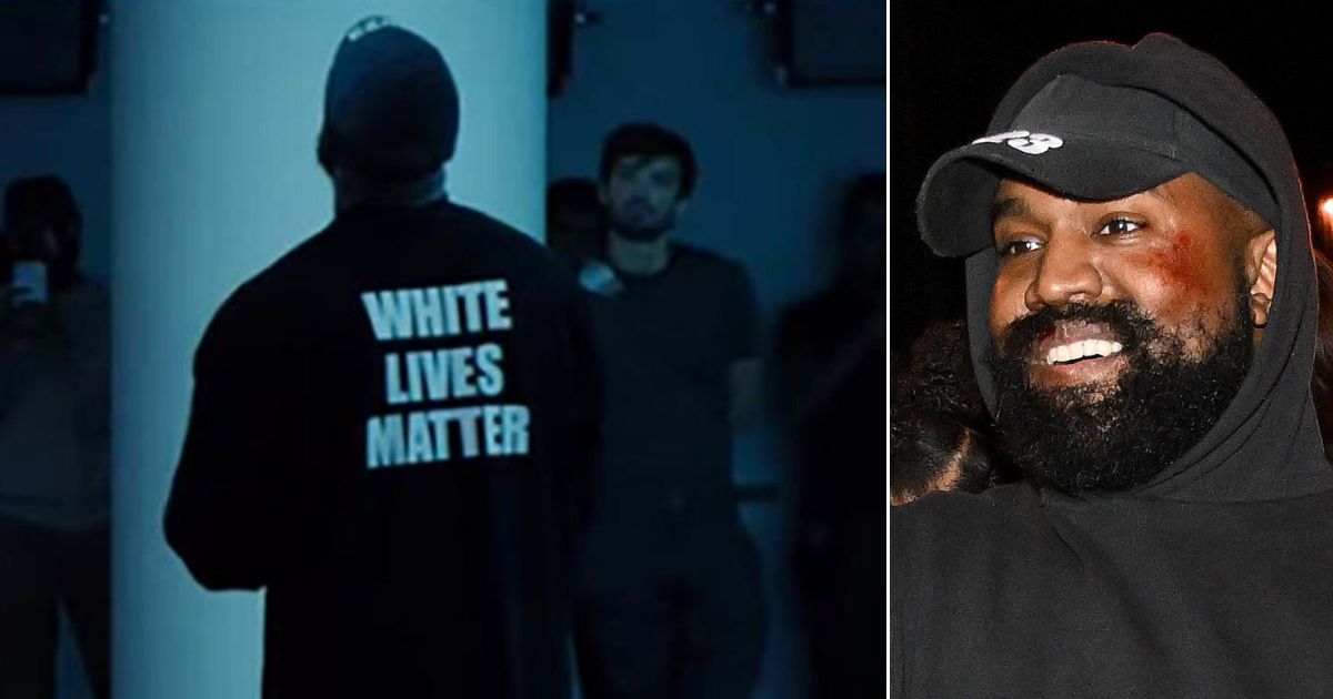 Kanye West, seen at right attending the Balenciaga Womenswear show Sunday in Villepinte, France, as part of Paris Fashion Week, created a stir with his "White Lives Matter" apparel at his own show Monday.