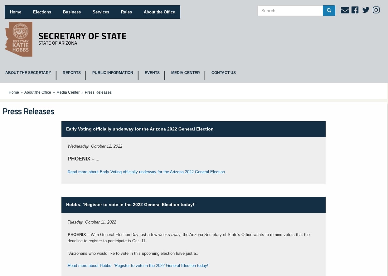 A screen shot of the "press releases" section of the website of the Arizona secretary of state's office