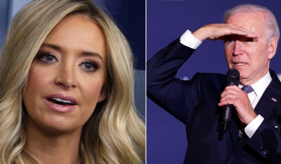 At left, then-White House press secretary Kayleigh McEnany speaks during a news conference in the James Brady Press Briefing Room at the White House in Washington on May 1, 2020. At right, President Joe Biden speaks at Delaware State University in Dover on Friday.