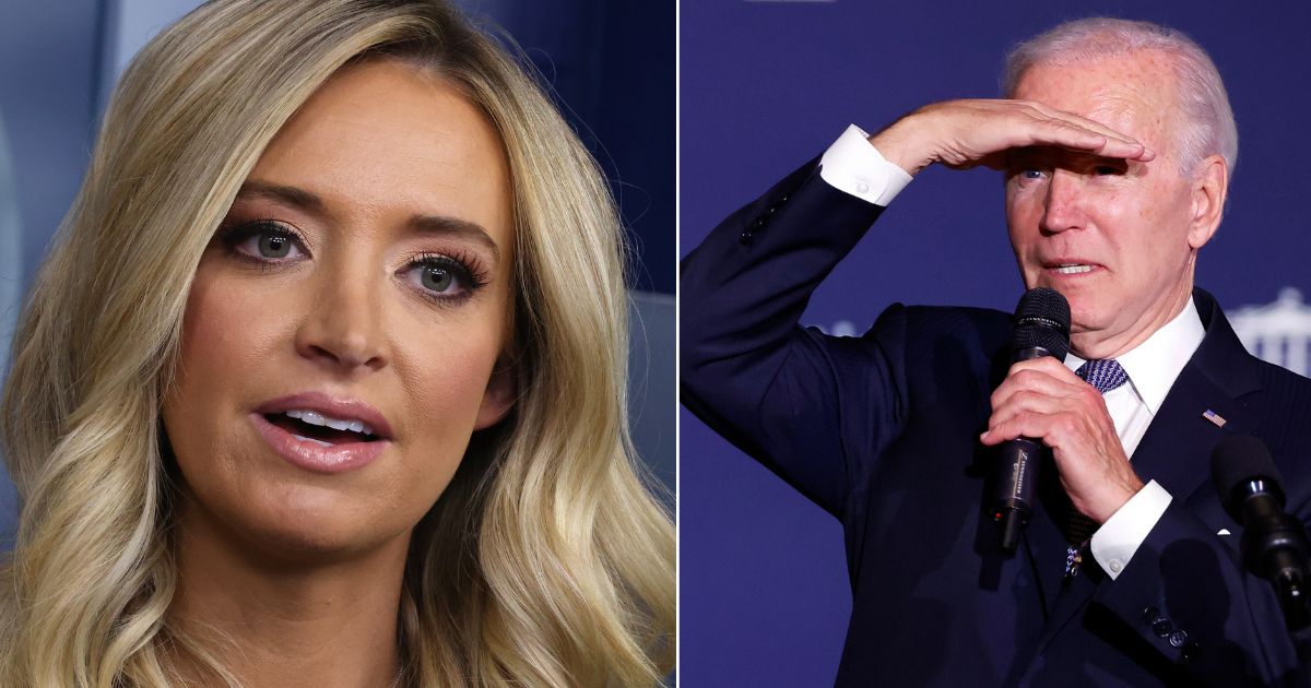 At left, then-White House press secretary Kayleigh McEnany speaks during a news conference in the James Brady Press Briefing Room at the White House in Washington on May 1, 2020. At right, President Joe Biden speaks at Delaware State University in Dover on Friday.