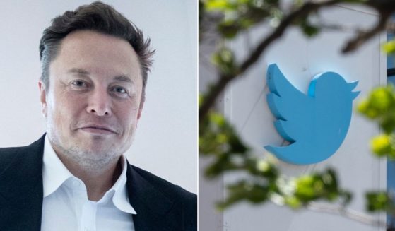 At left, Tesla and SpaceX CEO Elon Musk attends a meeting during the Offshore Northern Seas conference on energy in Stavanger, Norway, on Aug. 29. At right, the Twitter logo is seen at the company's headquarters in San Francisco on April 26.