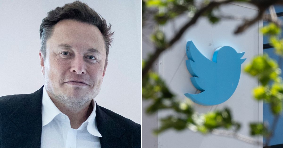 At left, Tesla and SpaceX CEO Elon Musk attends a meeting during the Offshore Northern Seas conference on energy in Stavanger, Norway, on Aug. 29. At right, the Twitter logo is seen at the company's headquarters in San Francisco on April 26.
