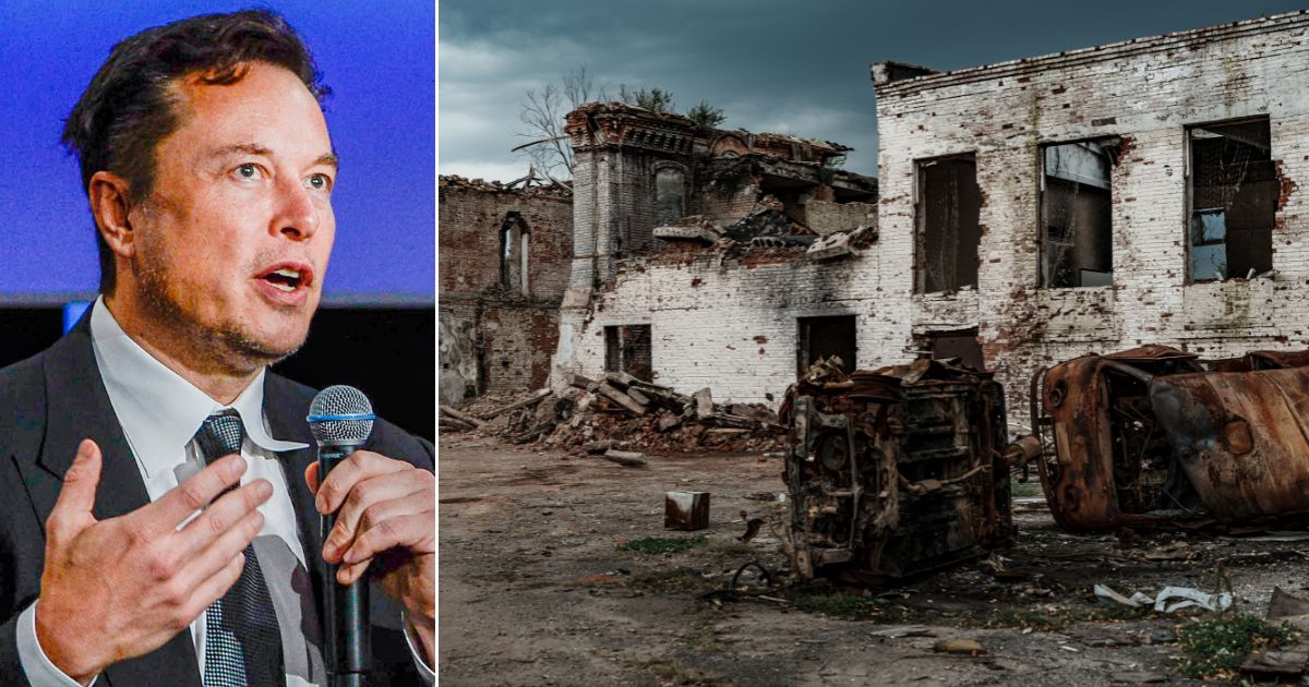 At left, Tesla CEO Elon Musk speaks at the Offshore Northern Seas meeting in Stavanger, Norway, on Aug. 29. At right, the devastation of the Russian-Ukraine conflict is seen in the destruction of buildings in Izium, Ukraine, on Sept. 26.