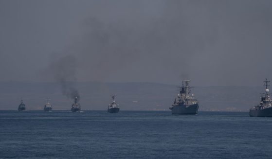 A parade of ships sails during Sea Breezeon in Burgas, Bulgaria, where the Bulgarian Navy joined NATO for exercises in the Black Sea on July 22.