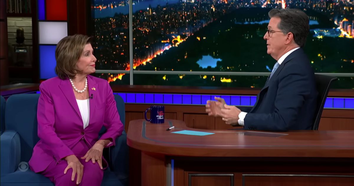 Stephen Colbert interviewing Nancy Pelosi on "The Late Show"