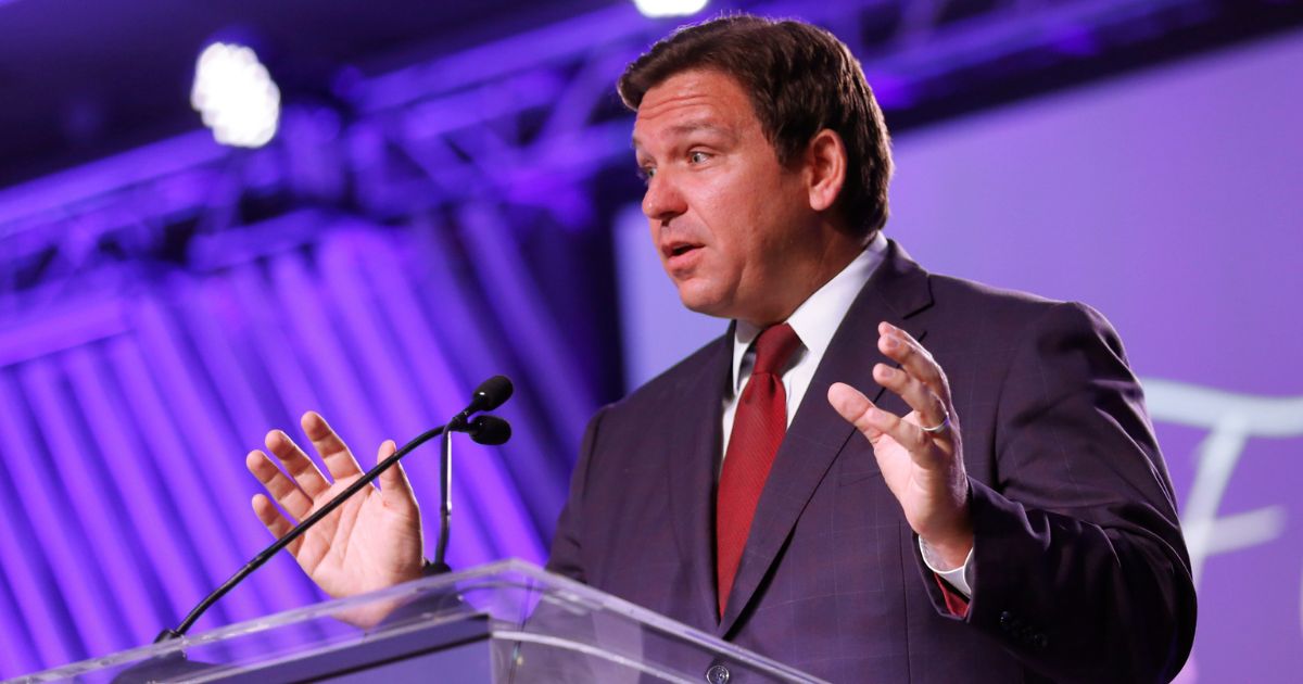 Florida Gov. Ron DeSantis speaks during the inaugural Moms for Liberty Summit at the Tampa Marriott Water Street in Tampa on July 15.