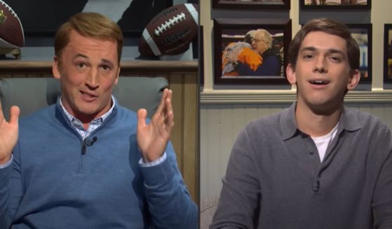 "Saturday Night Live" host Miles Teller, left, impersonates retired NFL legend Peyton Manning in the show's opening segment on Saturday.