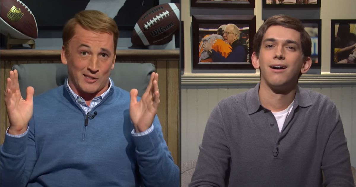 "Saturday Night Live" host Miles Teller, left, impersonates retired NFL legend Peyton Manning in the show's opening segment on Saturday.