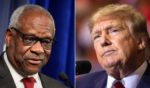 At left, Supreme Court Justice Clarence Thomas speaks at the Heritage Foundation in Washington on Oct. 21. At right, former President Donald Trump speaks at a rally in Casper, Wyoming, on May 28.