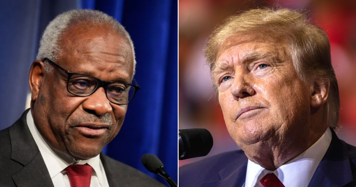 At left, Supreme Court Justice Clarence Thomas speaks at the Heritage Foundation in Washington on Oct. 21. At right, former President Donald Trump speaks at a rally in Casper, Wyoming, on May 28.