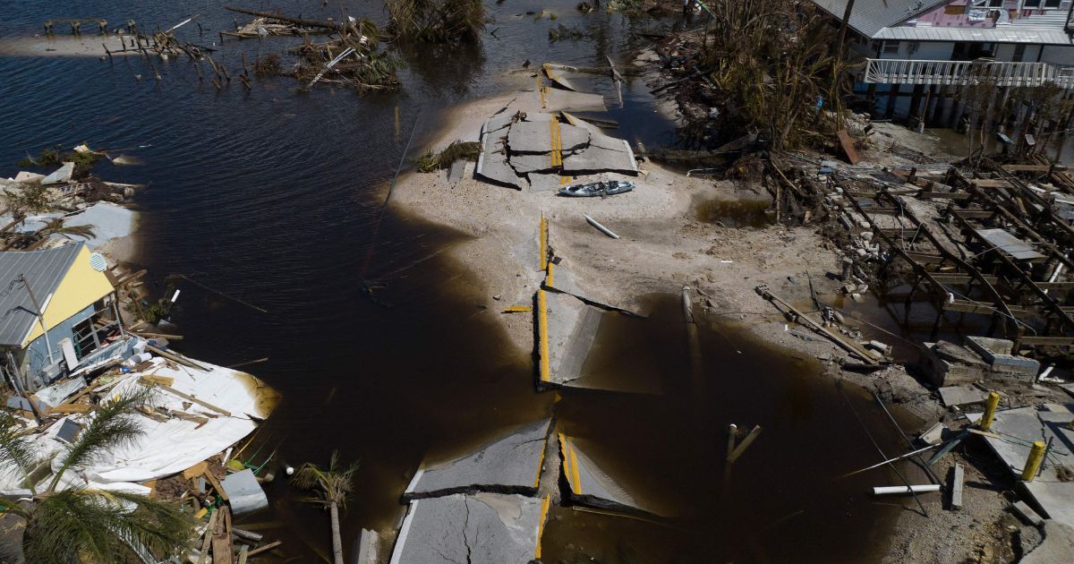 An aerial photo Saturday shows the devastation caused by Hurricane Ian in a part of Lee County, Florida.