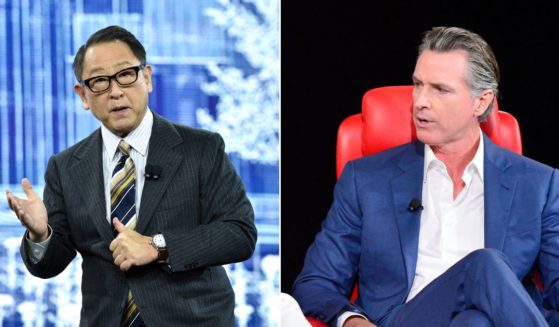 Toyota Motor Corp. President and CEO Akio Toyoda, left; California Gov. Gavin Newsom, right.