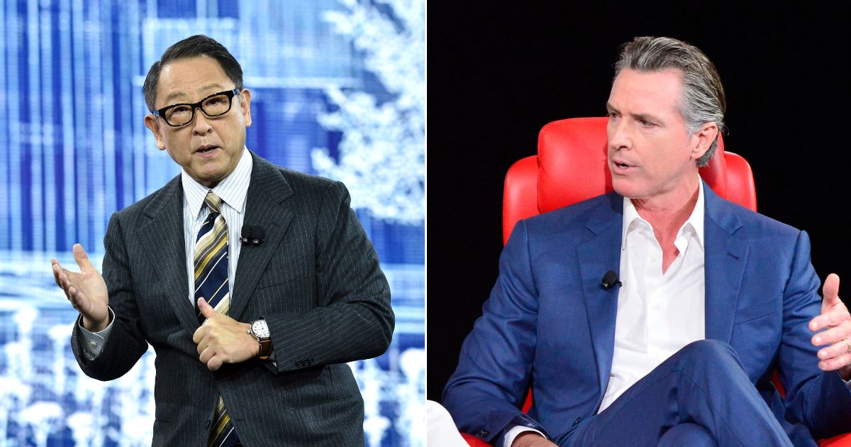Toyota Motor Corp. President and CEO Akio Toyoda, left; California Gov. Gavin Newsom, right.