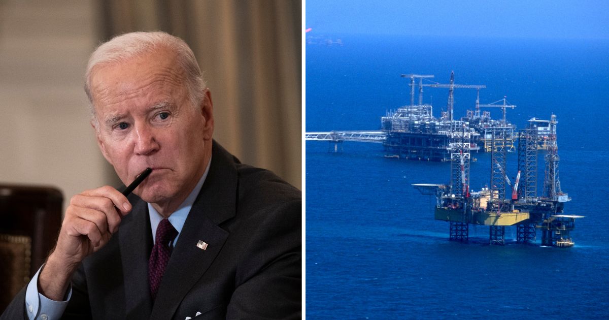 President Joe Biden, left; a file photo of a Saudi-owned oil rig in the Persian Gulf, right.