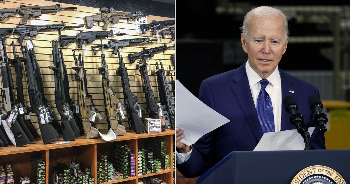 Rifles on sale at a gun store, left; President Joe Biden, right.