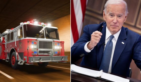 Firetruck with lights flashing, left; President Joe Biden, right.