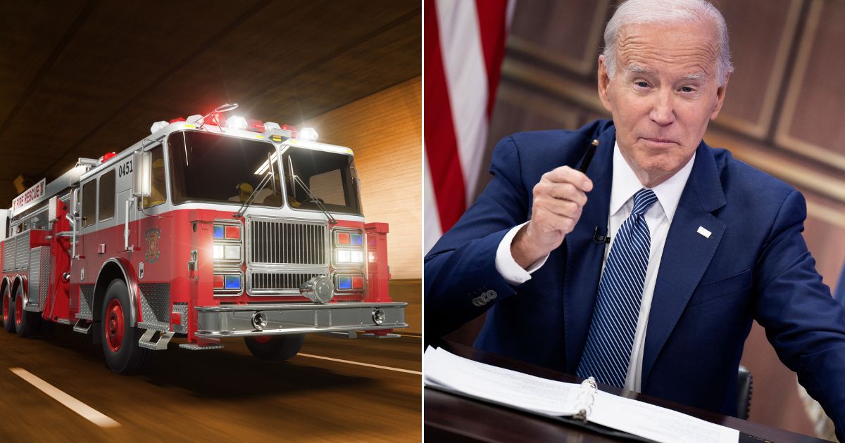 Firetruck with lights flashing, left; President Joe Biden, right.
