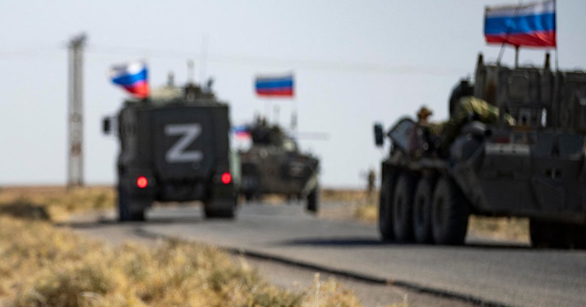 A Russian convoy is pictured on patrol in Syria, bearing the inscription "Z" that has become the symbol of the Russian invasion of Ukraine.