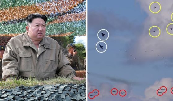 North Korean leader Kim Jong Un, left, inspects military exercises on Oct. 8 in a photo released by the North Korean government. Right, photo of North Korean air force exercises released by the Pyongyang government, with circles added to indicate planes that appear to be digital clones.