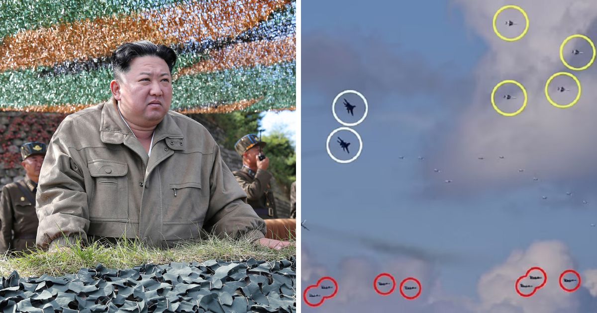 North Korean leader Kim Jong Un, left, inspects military exercises on Oct. 8 in a photo released by the North Korean government. Right, photo of North Korean air force exercises released by the Pyongyang government, with circles added to indicate planes that appear to be digital clones.