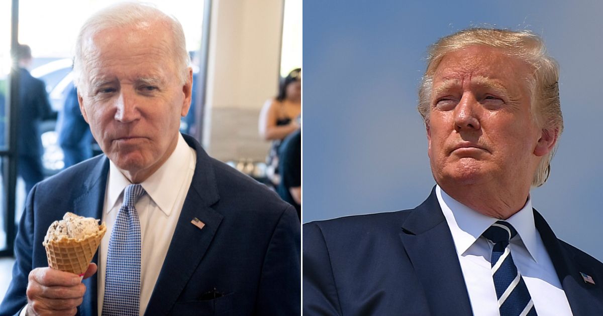 President Joe Biden, left, eats ice cream in a photo taken Saturday; then-President Donald Trump in a 2019 file photo.
