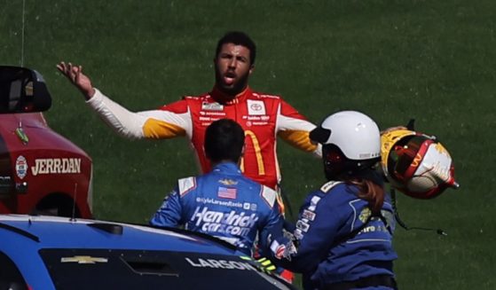 NASCAR driver Bubba Wallace confronts driver Kyle Larson after an on-track incident during the NASCAR Cup Series South Point 400 at Las Vegas Motor Speedway on Saturday.