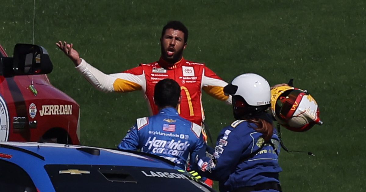 NASCAR driver Bubba Wallace confronts driver Kyle Larson after an on-track incident during the NASCAR Cup Series South Point 400 at Las Vegas Motor Speedway on Saturday.