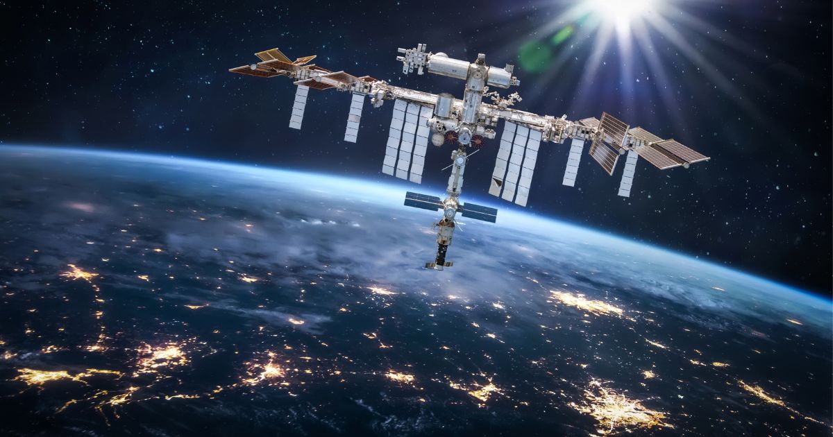 An illustration of the International Space Station created partly of images from NASA's website.