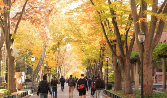Students walk down Locust Walk in the fall at the University of Pennsylvania in Philadelphia.