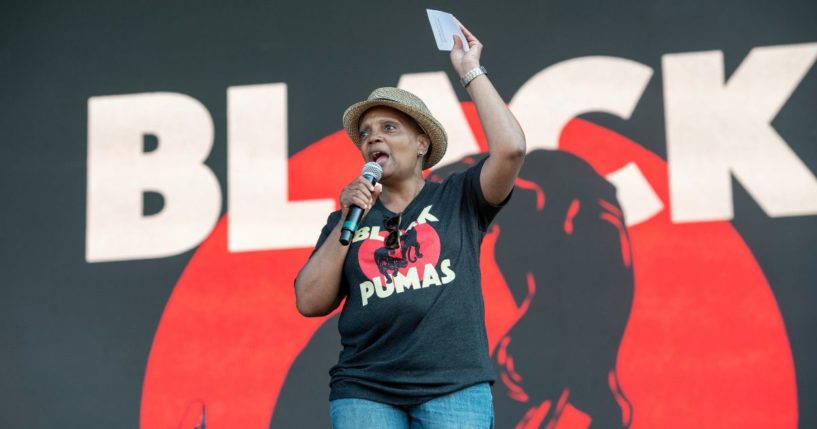 Chicago Mayor Lori Lightfoot speaks on day one of the Lollapalooza Music Festival at Grant Park in Chicago on July 29, 2021.