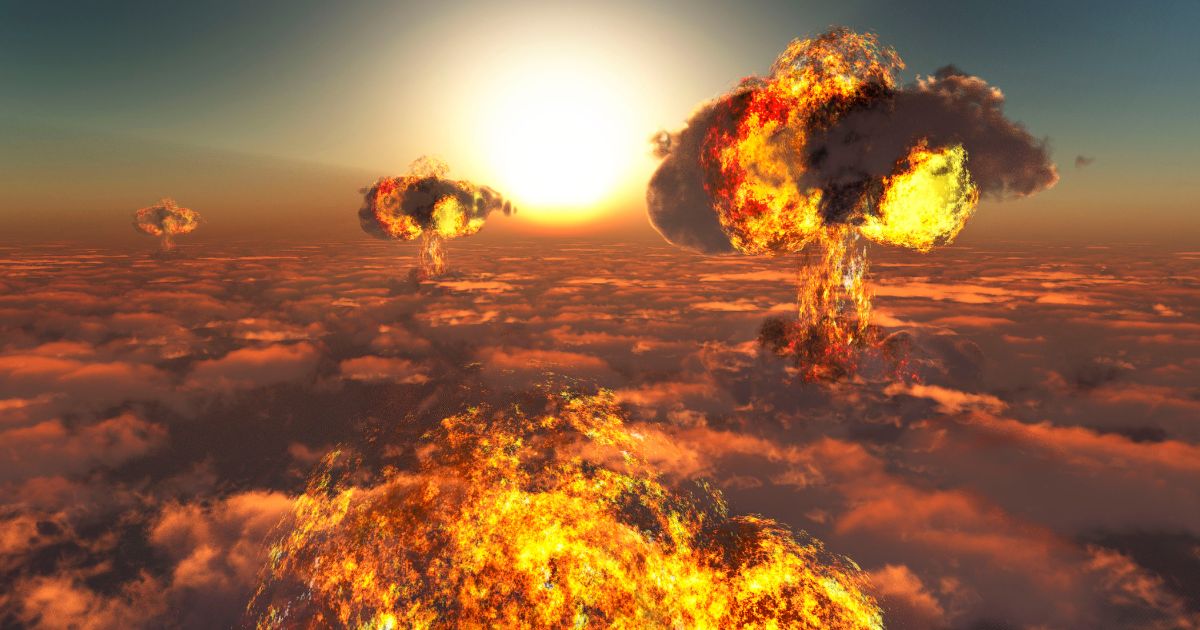 an artist's rendering of multiple mushroom clouds in a nuclear firestorm