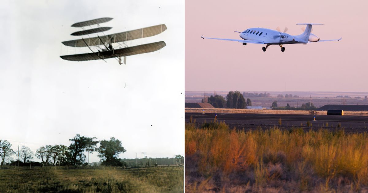 On Tuesday, Eviation had a first flight for its all-electric commuter airplane, "Alice," right. However, the 8-minute flight was much shorter than Orville and Wilbur Wright's Wright Flyer III flight near Dayton, Ohio, in 1905, left.