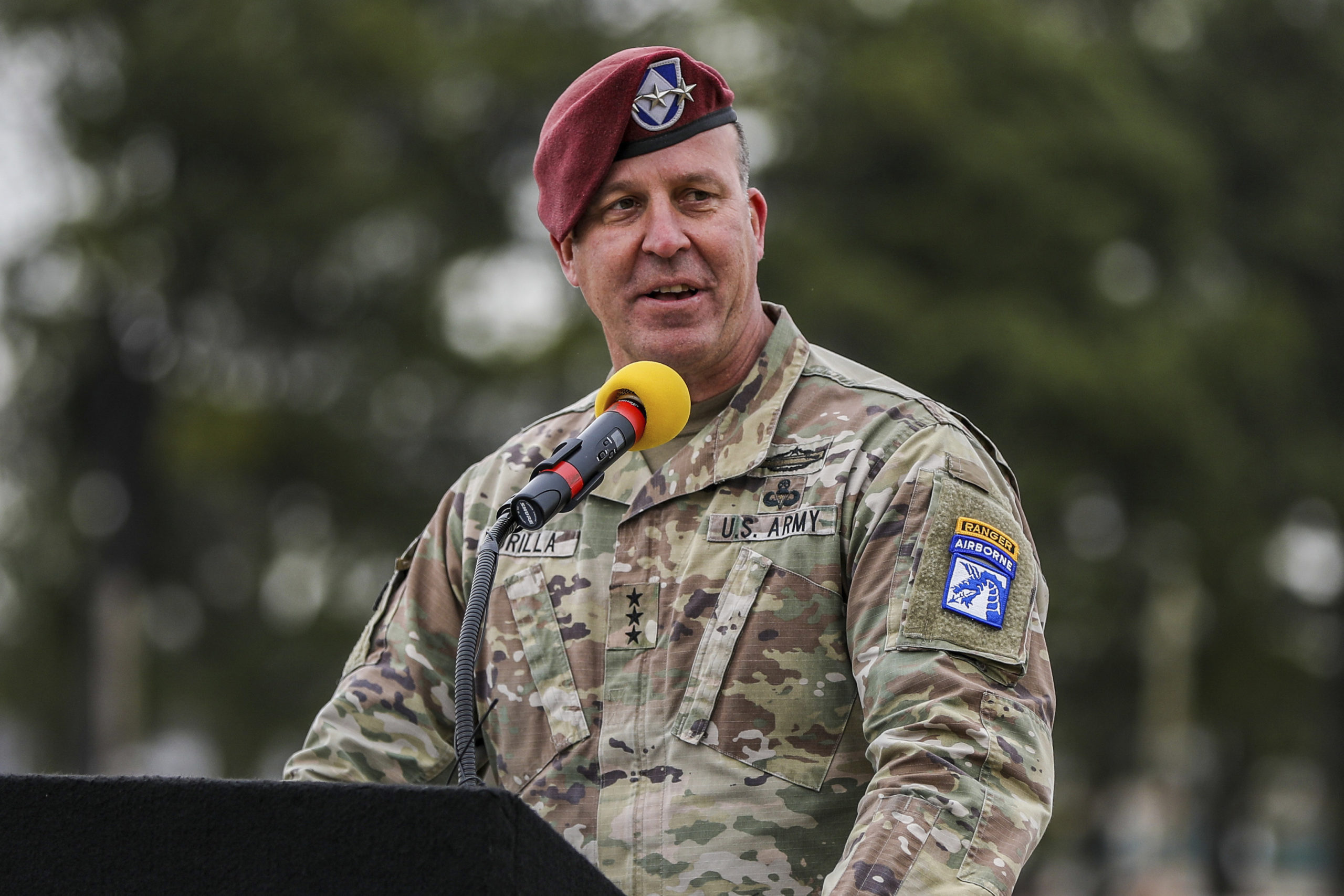 Then-Lt. Gen Michael "Erik" Kurilla speaks at the 101st Airborne Division change of command at Fort Campbell, Kentucky, on March 5, 2021.