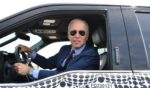 President Joe Biden drives the new electric Ford F-150 Lightning at the Ford Dearborn Development Center in Dearborn, Michigan, on May 18, 2021.