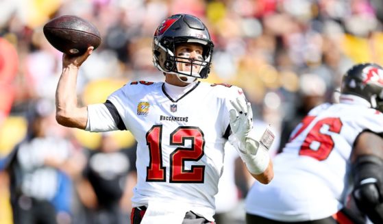 Tom Brady of the Tampa Bay Buccaneers throws the ball during the second quarter against the Pittsburgh Steelers at Acrisure Stadium on Sunday in Pittsburgh.