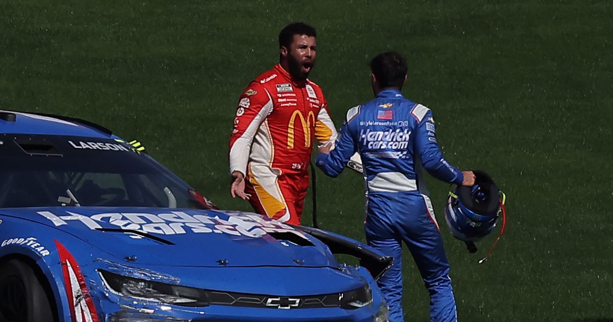 Bubba Wallace, driver of the #45 McDonald's Toyota, confronts Kyle Larson, driver of the #5 HendrickCars.com Chevrolet, after an on-track incident during the NASCAR Cup Series South Point 400 at Las Vegas Motor Speedway on Oct. 16 in Las Vegas.