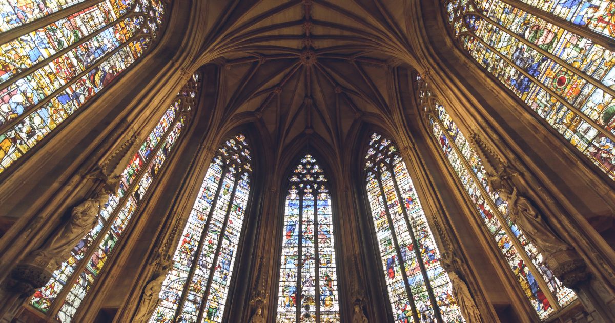 The inside of a cathedral is seen in the above stock image.