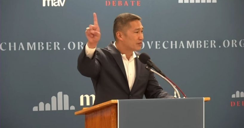 Hung Cao answering a question during a debate