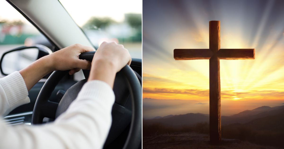 The above stock images are of a woman driving and a cross.