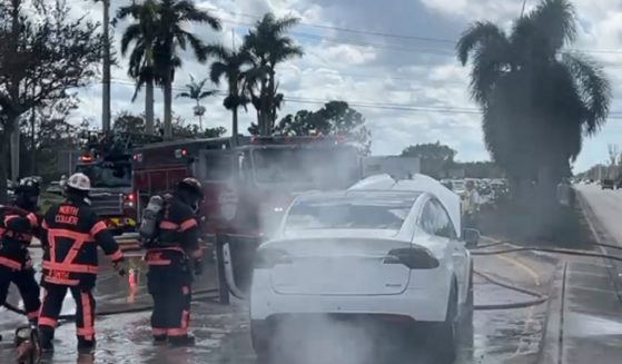An electric vehicle fire in Florida after Hurrican Ian.
