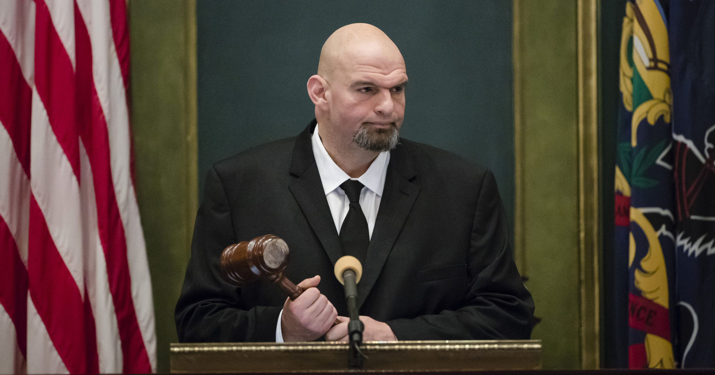 Pennsylvania Lt. Gov. John Fetterman holds a gavel after he was sworn into office at the state Capitol in Harrisburg on Jan. 15, 2019.