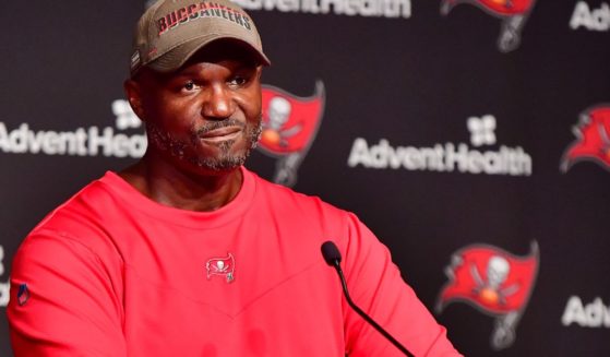 Head coach Todd Bowles of Tampa Bay Buccaneers answers questions at a press conference following the 2022 Buccaneers minicamp at AdventHealth Training Center on June 9 in Tampa, Florida.