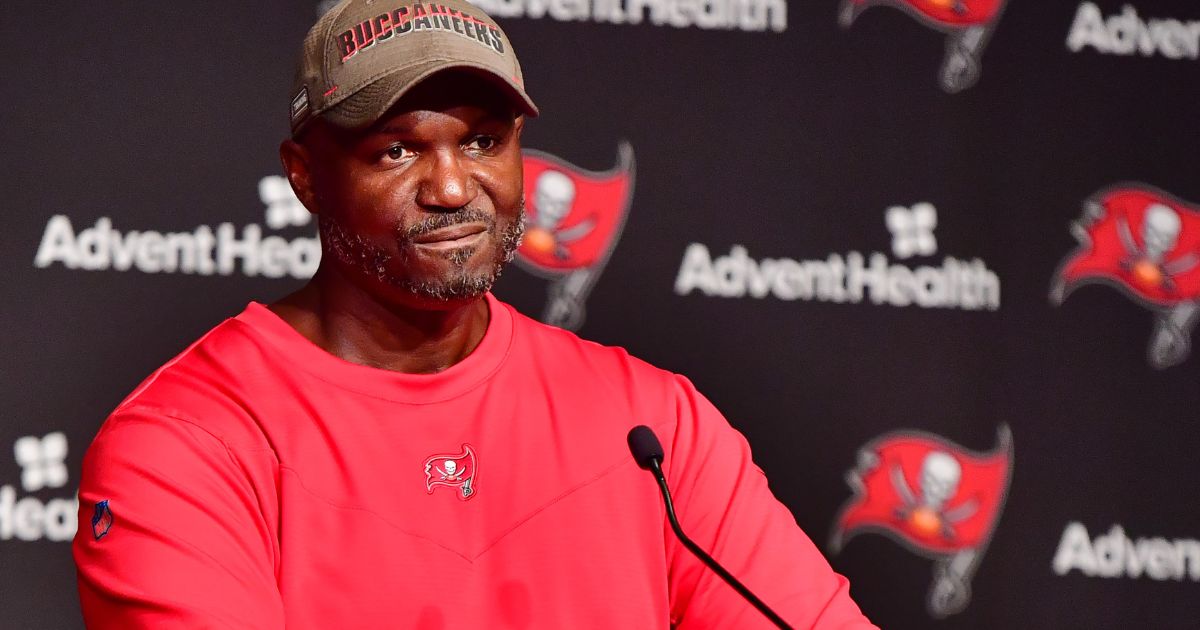 Head coach Todd Bowles of Tampa Bay Buccaneers answers questions at a press conference following the 2022 Buccaneers minicamp at AdventHealth Training Center on June 9 in Tampa, Florida.