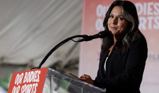 Former U.S. Rep. Tulsi Gabbard speaks at a "Our Bodies, Our Sports" rally to mark the 50th anniversary of Title IX at Freedom Plaza on June 23 in Washington, D.C.