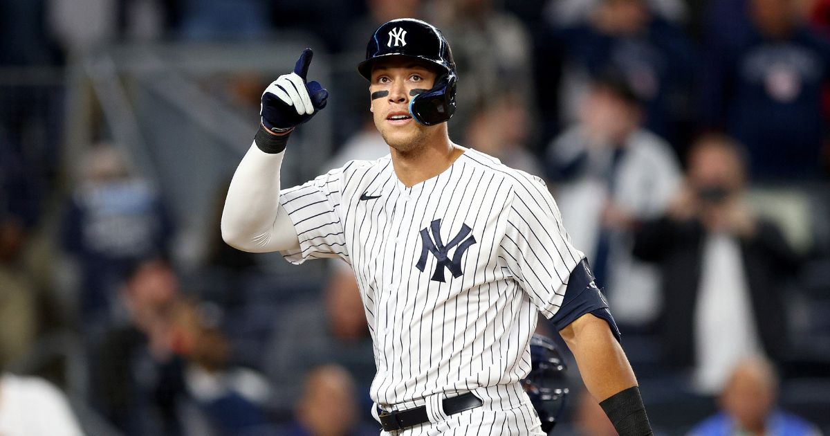 Aaron Judge of the New York Yankees celebrates his solo home run in the fifth inning against the Cleveland Guardians at Yankee Stadium on April 22 in the Bronx borough of New York City.