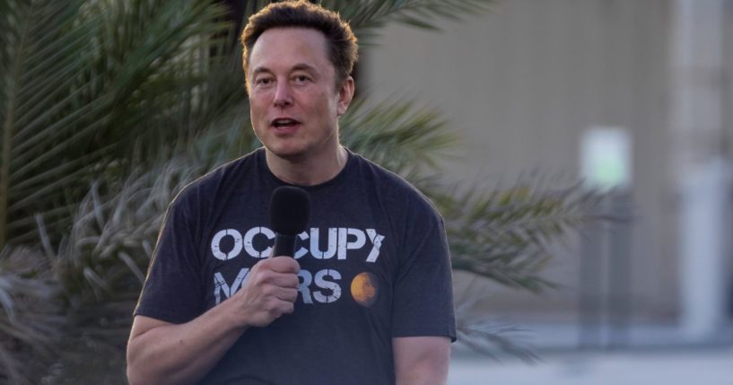 SpaceX founder Elon Musk speaks during a T-Mobile and SpaceX joint event on Aug. 25 in Boca Chica Beach, Texas.